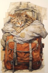 Wall Mural - a cartoon depiction of a cat dozing off while riding on a rucksack.