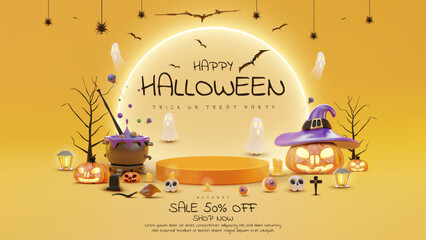 Halloween sales promotion poster featuring realistic 3D Halloween pumpkins, ghosts, skulls, trees, and bats. The background template for the website or banner design is in a cute style.