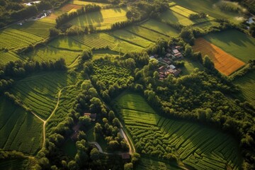 Poster - aerial view of lush organic farmland, created with generative ai