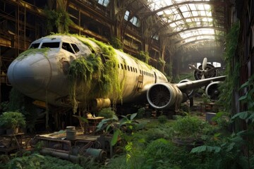 Canvas Print - nature reclaiming an airplane graveyard with plants, created with generative ai