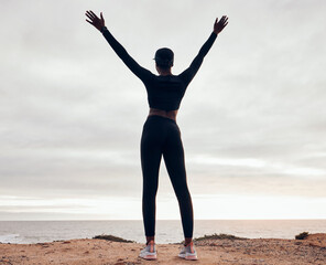 Wall Mural - Success, fitness and back of woman in nature with achievement, celebration and goals for workout. Sports, freedom and happy female person with hands in air for exercise, training and running target