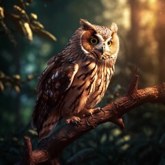 Wall Mural - AI generated illustration of a brown owl perched on a tree branch