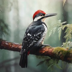 Sticker - AI generated illustration of a Great spotted woodpecker perched on a tree branch.