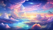 Anime Drawing Of Colorful Clouds And A Rainbow On The Sky. 