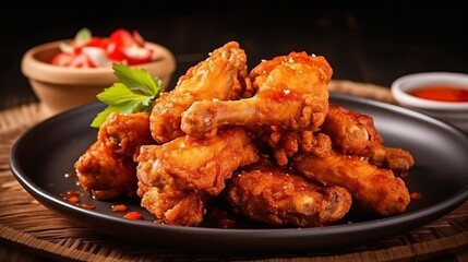 Fried chicken wing or Fried chicken on a plate in thai food style Generative AI