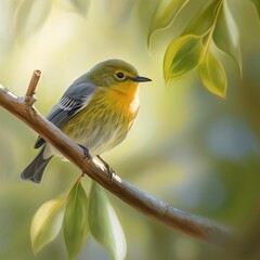 Sticker - AI generated illustration of a vibrant yellow and gray Robin perched on a tree branch