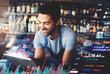 © aLListar/peopleimages.com - Tablet, restaurant and man in data overlay, e commerce software, finance management and schedule planner. Bartender, cashier or small business owner on digital technology, service and financial stats