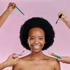 Sticker - Portrait, smile and black woman with cosmetic tools, dermatology or happiness against a studio background. Face, female person or model with makeup, brushes or salon treatment with luxury or skincare