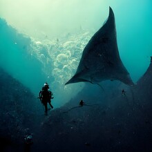 Scuba Diver With A Shark Deep Dive Ocean Extreme Detail Mantas Coral Reef Below 