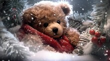 Brown Teddy Bear Wearing A Red Scarf Sitting In The Snowy Forest
