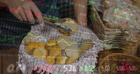 Poster - Animation of changing numbers and graphs over midsection of caucasian man with small breads