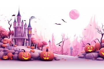 Pink Halloween. Vibrant Halloween with pumpkins, witches, bats, and ghosts