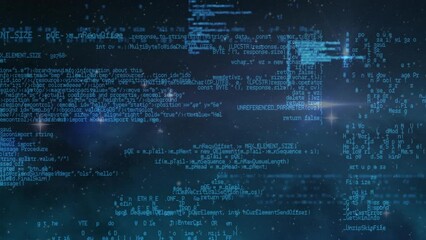 Poster - Animation of computer language over lens flares and stars against abstract background