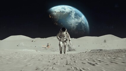 Wall Mural - 3d rendered animation of an astronaut on the moon with the earth in the background