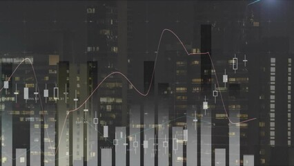Poster - Animation of statistical data processing against view of tall buildings at night