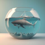 Fototapeta Las - a shark inside of a fish bowl next to water and waves