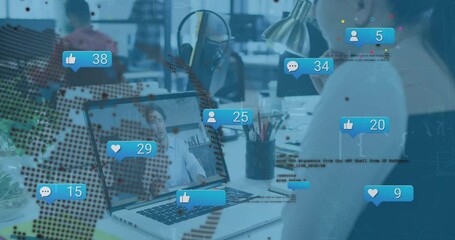 Poster - Animation of social media icons, data processing over caucasian woman having a video call on laptop