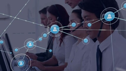 Poster - Animation of network of digital icons over happy asian man wearing phone headset working at office