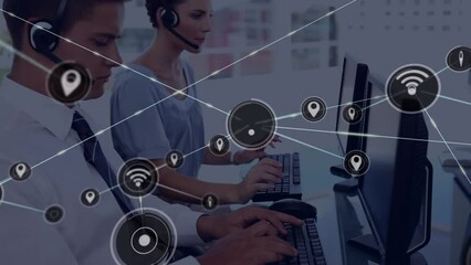 Poster - Animation of network of digital icons over diverse man and woman wearing phone headsets working
