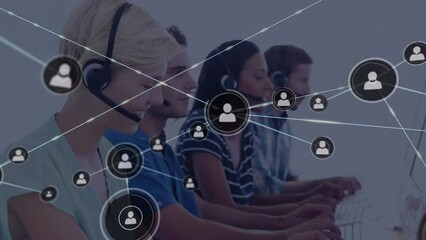 Sticker - Animation of network of profile icons over caucasian woman wearing phone headset smiling at office