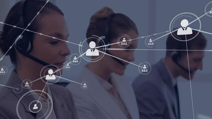 Poster - Animation of network of profile icons over caucasian woman wearing phone headset smiling at office