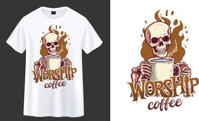 Wall Mural - Worship Coffee, skeleton with coffee t-shirt design