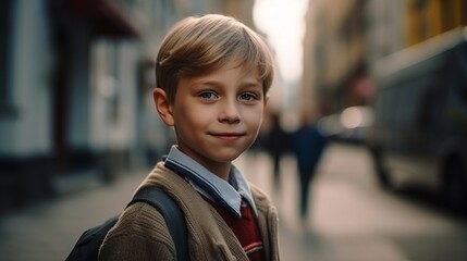 Portrait of a schoolboy. Happy smiling schoolboy went to school. Kid went to school. Created with Generative AI technology.
