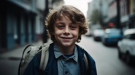 Portrait of a schoolboy. Happy smiling schoolboy went to school. Kid went to school. Created with Generative AI technology.