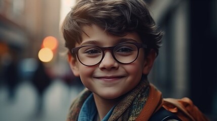 Portrait of a schoolboy. Happy smiling schoolboy went to school. Kid went to school. Created with Generative AI technology.