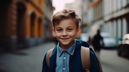 Portrait of a schoolboy. Happy smiling schoolboy went to school. Kid went to school. Created with Generative AI technology.