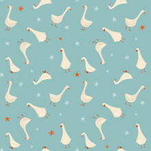 Beautiful Baby Seamless Pattern With Watercolor Cute White Goose Birds Celebrating Birthday Party. Stock Illustration.