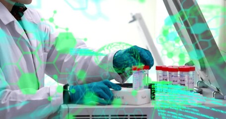 Poster - animation of scientific data processing over caucasian male scientist with test tubes in laboratory