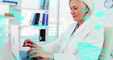 Poster - Animation of scientific data processing over caucasian female scientist with laptop