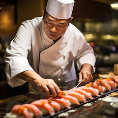 Wall Mural - Japanese chef making sushi. Generative AI.