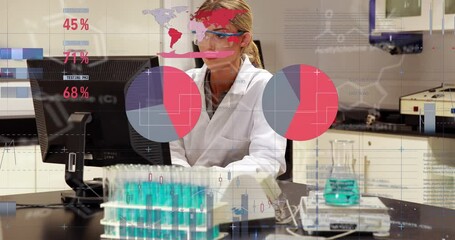 Poster - Animation of scientific data processing over caucasian female scientist with computer in laboratory