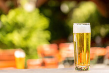 A Glass Of Beer At An Outdoor Dining Space Beer Garden In Summer, Text Space