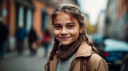 Portrait of a schoolgirl. Happy smiling schoolgirl went to school. Kid went to school. Created with Generative AI technology.