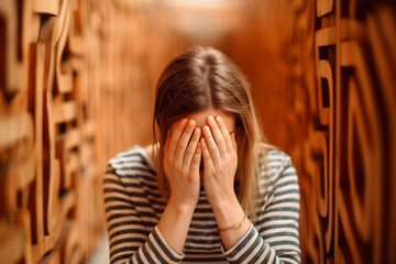 Woman lost in labyrinth. Troubled woman finding way out, Confused mind, problem of searching the way, thinking, finding the maze solution concept. Solving puzzle. AI generated