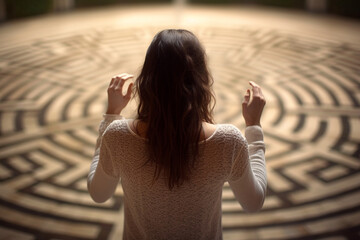 Woman lost in labyrinth. Troubled woman finding way out, Confused mind, problem of searching the way, thinking, finding the maze solution concept. Solving puzzle. AI generated
