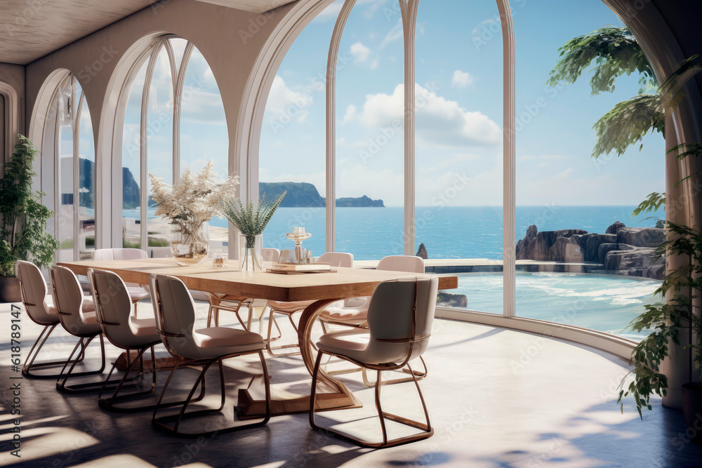 Generative AI illustration of dining room with luxury table and chairs ...