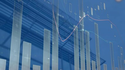 Poster - Animation of statistical data processing against low angle view of tall building