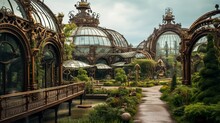 Futuristic Sci-fi Steampunk Botanical Garden Greenhouses With Glass Domes And Lamps Generative Ai
