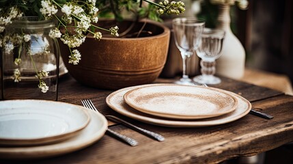 rustic table setting, earthenware, ceramic, porcelain dishes