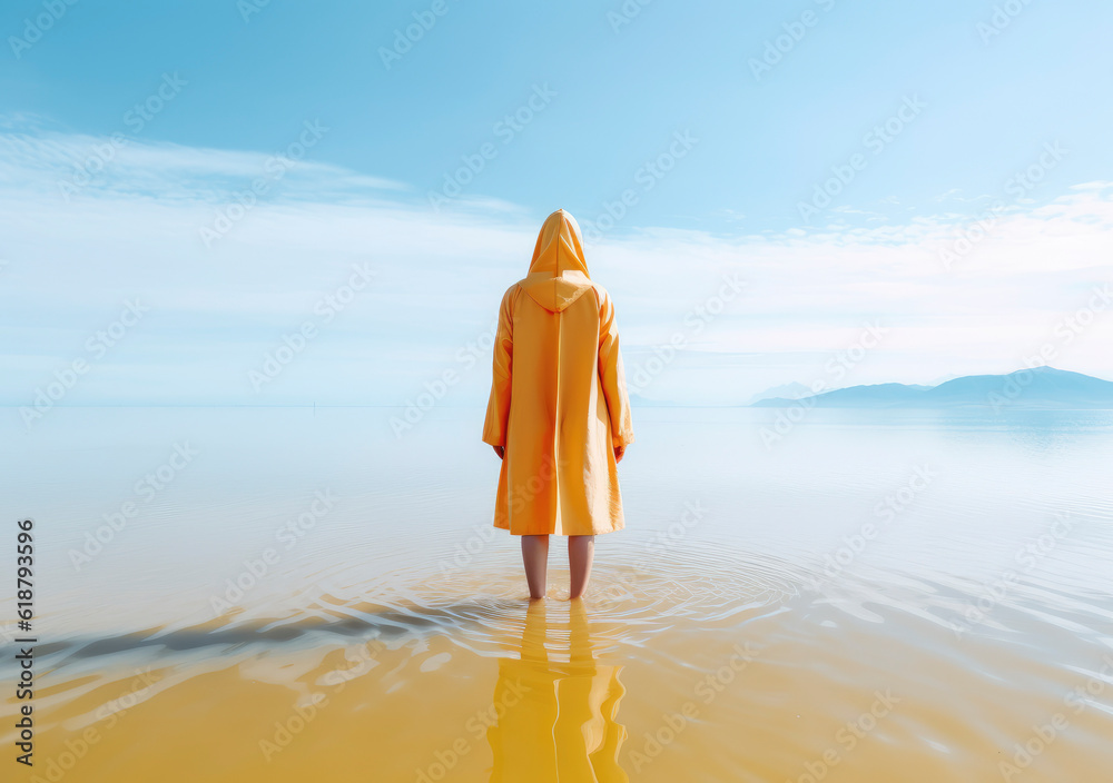 Lonely woman in yellow raincoat standing in the water gazing to the ...