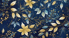 A Blue Background With Gold Leaves And Berries. Generative AI.