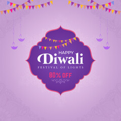 Wall Mural - Happy Diwali greeting Vector illustration post. Big Festival Sale, Offer Poster Design with 80% Discount Tag