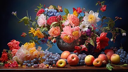 Canvas Print - food and flowers, colorful flower and fruit still life generated Al