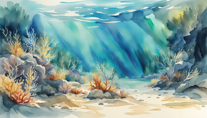 Wall Mural - beautiful underwater ocean painting with corals watercolor style digital art