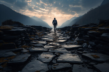 a person walking along a rocky path, with each step demonstrating the stoic philosophy of embracing 