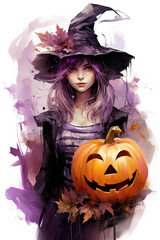 Wall Mural - A woman in a witch costume holding a pumpkin. Generative AI. Cute Halloween witch with Jack-o'-lantern.